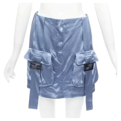 Pre-owned Fendi 2023 Runway Baguette Blue Satin Ff Buckle Cargo Pocket Skirt It38 Xs