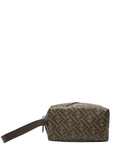 Pre-owned Fendi 2023-2026 Zucca Canvas Toiletry Case Clutch Bag In Brown
