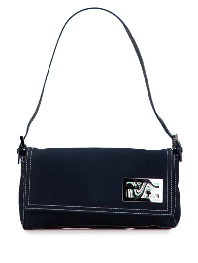 Pre-owned Fendi 20th Century Canvas Ff Marble Baguette Shoulder Bag In Blue