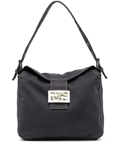 Pre-owned Fendi 20th Century Canvas Ff Marble Double Flap Shoulder Bag In Blue