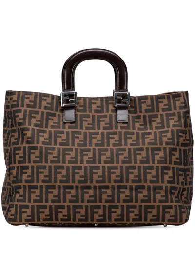 Pre-owned Fendi 20th Century Large Zucca Canvas Twins Tote Bag In Brown