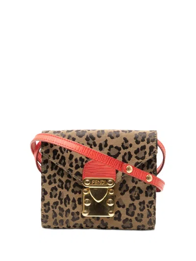 Pre-owned Fendi 20th Century Mini Leopard Print Canvas Flap Crossbody Bag In Brown