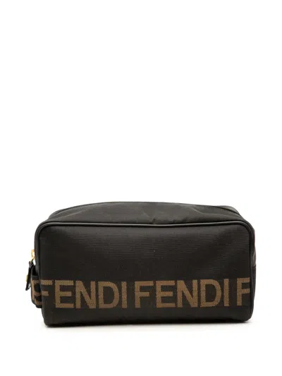 Pre-owned Fendi 20th Century Nylon Logo Toiletry Pouch In Black