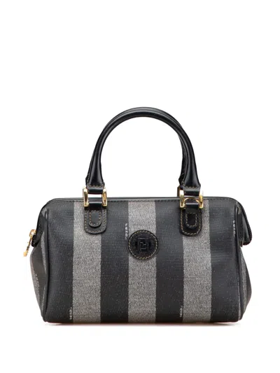 Pre-owned Fendi 20th Century Pequin Coated Canvas Boston Bag In Black