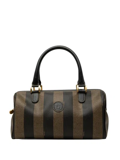 Pre-owned Fendi 20th Century Pequin Coated Canvas Boston Bag In Black