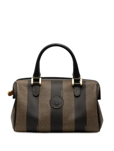 Pre-owned Fendi 20th Century Pequin Coated Canvas Boston Bag In Brown