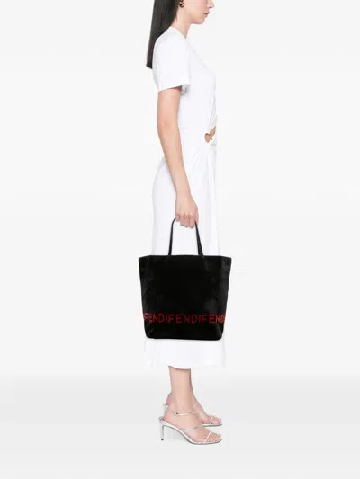 Pre-owned Fendi 20th Century Velour Logo Tote Bag In Black