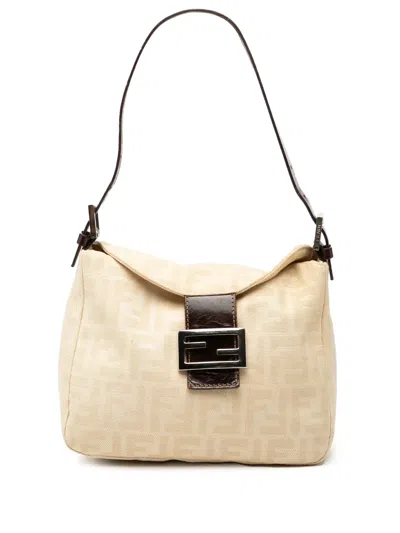 Pre-owned Fendi 20th Century Zucca Canvas Double Flap Shoulder Bag In Neutral