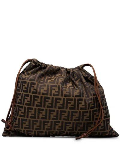 Pre-owned Fendi 20th Century Zucca Canvas Drawstring Pouch In Brown