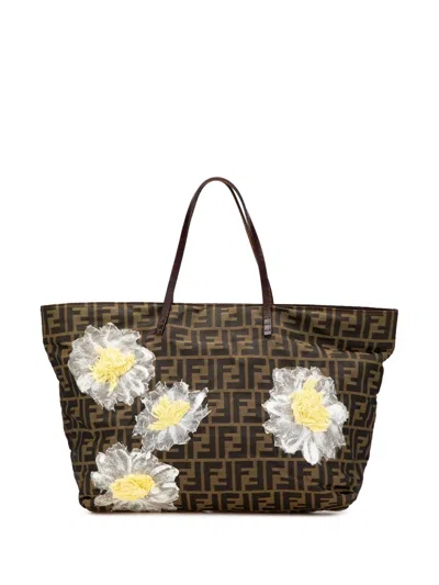 Pre-owned Fendi 20th Century Zucca Canvas Flower Applique Tote Bag In Brown