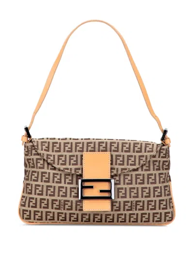 Pre-owned Fendi 20th Century Zucchino Canvas Double Flap Shoulder Bag In Brown