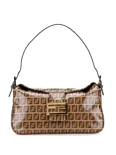 Pre-owned Fendi 20th Century Zucchino Crystal Double Flap Shoulder Bag In Brown