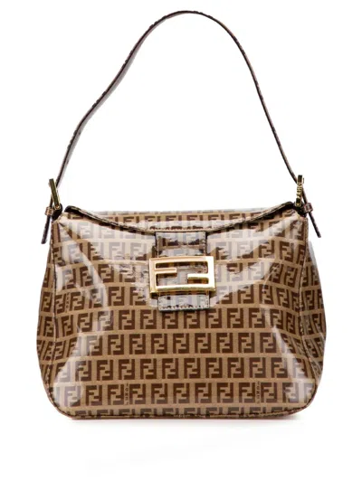 Pre-owned Fendi 20th Century Zucchino Crystal Double Flap Shoulder Bag In Brown