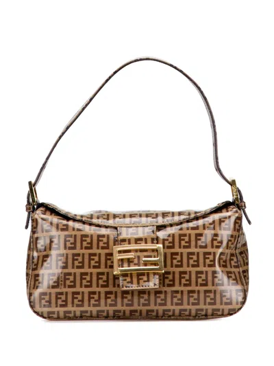 Pre-owned Fendi 20th Century Zucchino Crystal Double Flap Shoulder Bag In Brown
