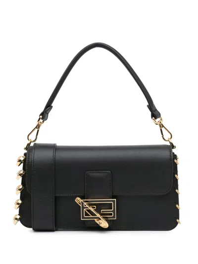 Pre-owned Fendi 21st Century Versace Vitello Seta Fendace Brooch Baguette Satchel In 黑色