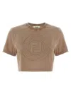 Fendi Beige Cotton Logo Crop T-shirt In Brown