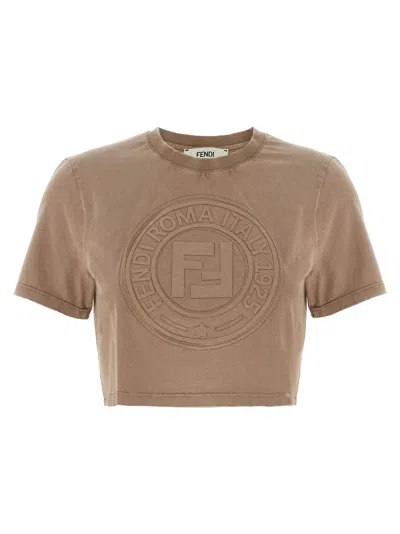 Fendi Beige Washed-out Cropped T-shirt With Logo In Neutral
