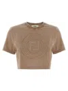 Fendi Beige Cotton Logo Crop T-shirt In Brown