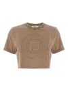 Fendi Beige Cotton Logo Crop T-shirt In Brown