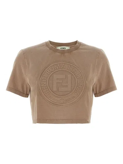 Fendi Women Beige T-shirt With Cropped Design And Raised Logo On The Front In Cotton Woman In Cream
