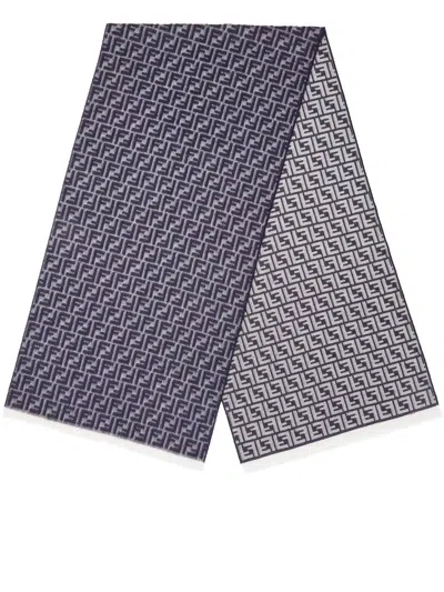 Fendi Geometric Pattern Scarf Fringed Ends In Blue