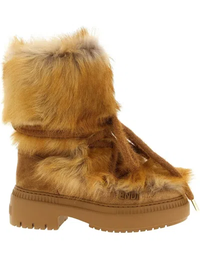 Fendi 55mm Apres Chic Fur Lace-up Boots In Brown