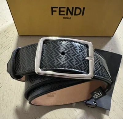 Pre-owned Fendi $590  Men Ff Logo Leather Belt Gray/black 100/40