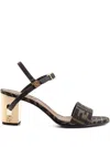 Fendi Women Delfina Ff Brown Jacquard Sandals In Black