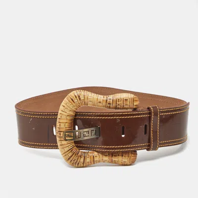 Pre-owned Fendi 70cm Wide B Buckle Belt Brown/beige Patent Leather And Raffia