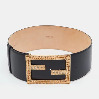 Pre-owned Fendi 80cm Black Leather Fendace Crystal Embellished Wide Belt