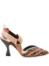 Fendi High-heeled Mesh And Multicolor Cavallino Calfskin Slingbacks In Brown