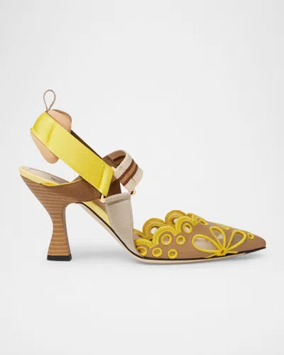 Fendi 85mm Colibri Mixed-media Iconic Slingback Pumps In Brown