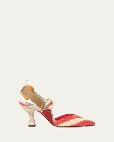 Fendi 85mm Colibri Mixed-media Raffia Slingback Pumps In Red
