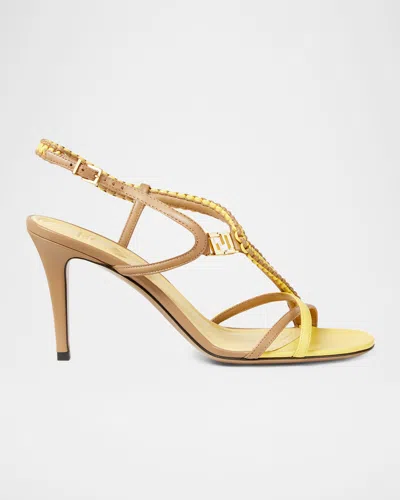 Fendi Leather Ffold Sandals Braided Straps Stiletto In Gold