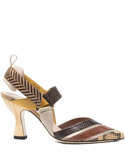Fendi High-heeled Mesh And Multicolor Ayers Leather Slingbacks