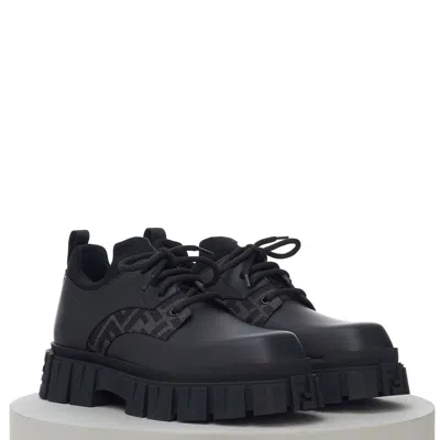 Pre-owned Fendi 930$ Force Black Leather Lace Up Derby Shoes. Ff Motif Jacquard