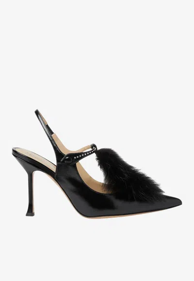 Fendi 95 T-strap Leather Slingback Pumps With Fox Fur In Black
