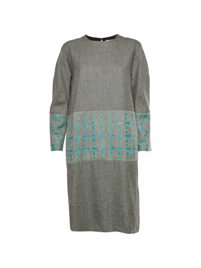 Pre-owned Fendi Abstract-print Long-sleeve Shift Midi Dress In Gray