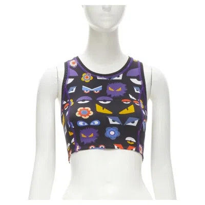 Pre-owned Fendi Activewear Monster Bug Eye Black Graphic Print Perforated Crop Top