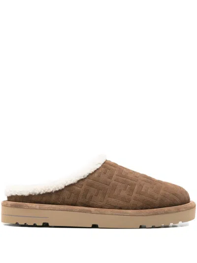 Fendi Suede Slip-on Slippers Shearling Lining In Brown
