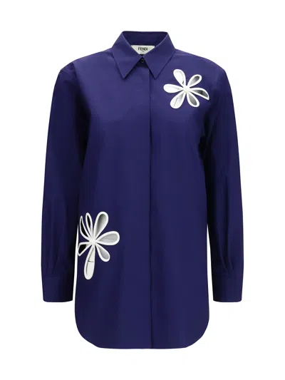 Fendi Poplin Shirt With Cut-out Details In Blue