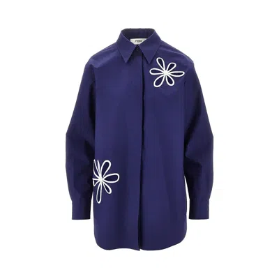 Fendi Poplin Shirt With Cut-out Details In Blue