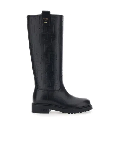 Fendi All-over Ff Embossed Knee High Boots In Black