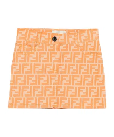 Fendi All Over Ff-motif Denim Miniskirt In Orange