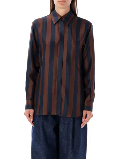 Fendi Striped Collared Top With Chest Pocket Detail In Brown