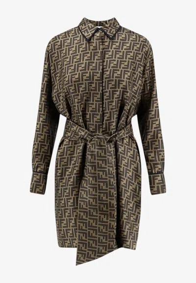 Fendi All-over Ff Print Mini Silk Dress In Brown