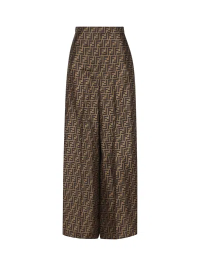 Fendi Ff Motif Silk Palazzo Trousers In Brown