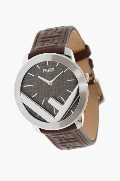 Fendi Analog Watch With Logoed Leather Strap In Brown