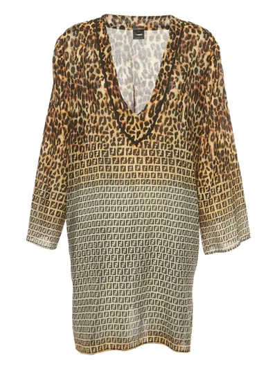 Pre-owned Fendi Animal-print V-neck Tunic In Brown