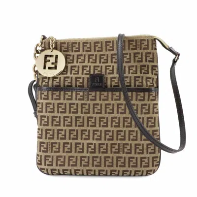 Pre-owned Fendi Anna Beige Brown Canvas Leather Shoulder Bag () In Multi